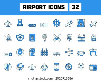Blue Color Set Of Airport Icon In Flat Style.