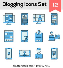 Blue Color Set of Blogging Icon In Flat Style.