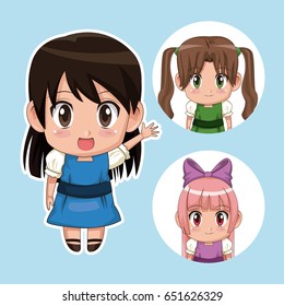 blue color set cute anime tennagers girl in dress with several facial expressions