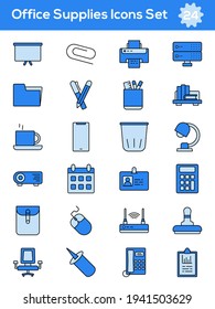 Blue Color Set of Office Supplies Icon In Flat Style.