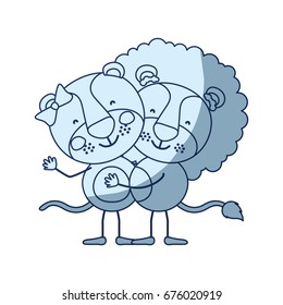 blue color shading silhouette caricature with couple of lioness and lion embraced vector illustration