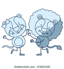 blue color shading silhouette caricature with couple of lioness and lion dancing vector illustration