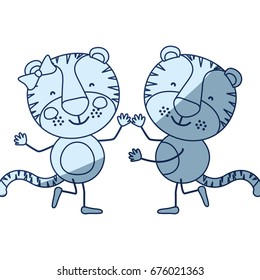 blue color shading silhouette caricature with couple of tigers dancing vector illustration