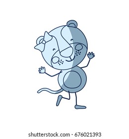 blue color shading silhouette caricature of cute expression female lioness in dance pose with bow lace vector illustration