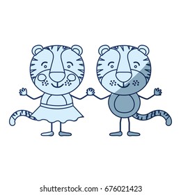 blue color shading silhouette caricature with couple of tigers holding hands vector illustration