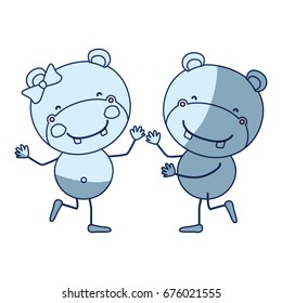 blue color shading silhouette caricature with couple of hippos dancing vector illustration