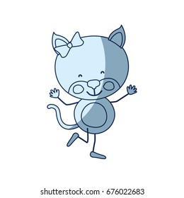 blue color shading silhouette caricature of cute expression female kitten in dance pose with bow lace