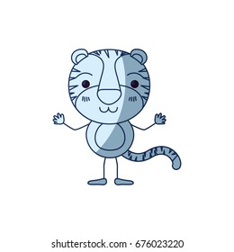blue color shading silhouette caricature of cute tiger happiness expression vector illustration