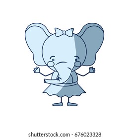 blue color shading silhouette caricature of cute expression female elephant in skirt with bow lace vector illustration
