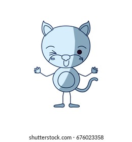 blue color shading silhouette caricature of cute kitten wink eye expression vector illustration