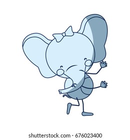blue color shading silhouette caricature of cute expression female elephant in dance pose with bow lace vector illustration