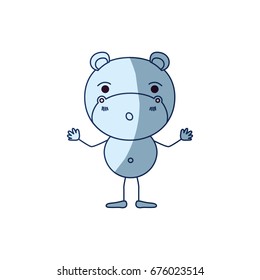 blue color shading silhouette caricature of cute hippopotamus astonished expression vector illustration