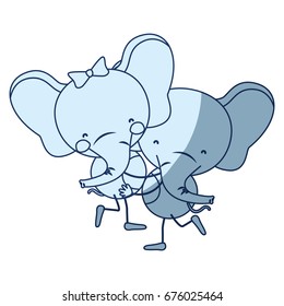 blue color shading silhouette caricature with couple of elephants one carrying the other cute animals love vector illustration