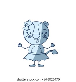 blue color shading silhouette caricature of cute female lioness in skirt with bow lace with disgust expression and sticking out tongue vector illustration