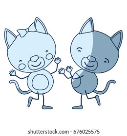 blue color shading silhouette caricature with couple of kittens dancing vector illustration
