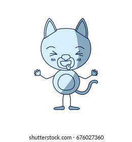 blue color shading silhouette caricature of cute cat disgust expression and sticking out tongue vector illustration