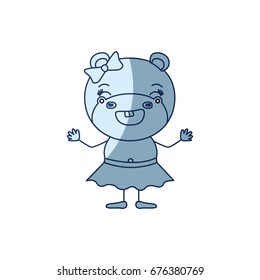 blue color shading silhouette caricature of cute expression female hippo in skirt with bow lace smiling vector illustration
