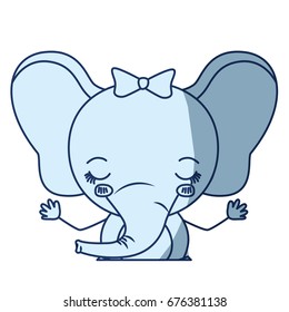 blue color shading silhouette caricature of cute expression half body and eyes closed of female elephant with bow lace vector illustration