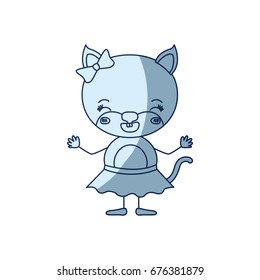 blue color shading silhouette caricature of cute female kitten in skirt with bow lace with happiness expression and closed eyes vector illustration