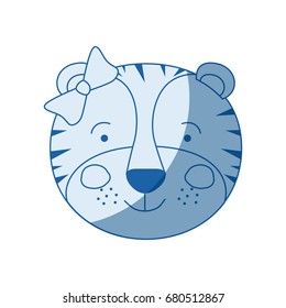 blue color shading silhouette caricature face of female tigress animal with bow lace vector illustration