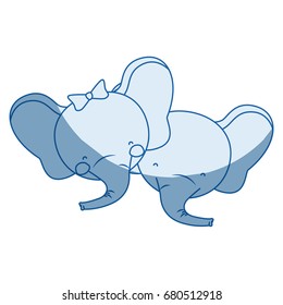 blue color shading silhouette caricature faces of elephant couple animal happiness expression vector illustration