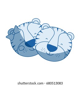 blue color shading silhouette caricature faces of tiger couple animal happiness expression vector illustration