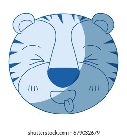 blue color shading silhouette cute face of tiger sticking out tongue expression vector illustration