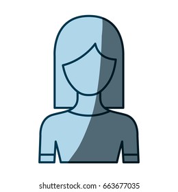 blue color shading silhouette faceless half body woman with straight medium hairstyle vector illustration