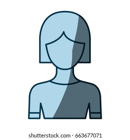 blue color shading silhouette faceless half body woman with short hair vector illustration