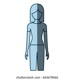 blue color shading silhouette faceless front view woman with pants and short hair vector illustration