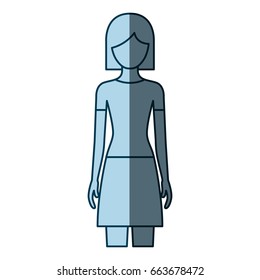 blue color shading silhouette faceless front view woman with skirt and short hair vector illustration