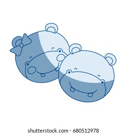 blue color shading silhouette faces of hippo couple animal happiness expression vector illustration