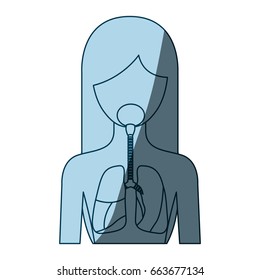 blue color shading silhouette half body female person with respiratory system vector illustration