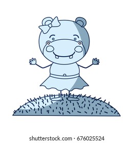 blue color shading silhouette scene sky landscape and grass with caricature cute expression female hippo in skirt with bow lace vector illustration