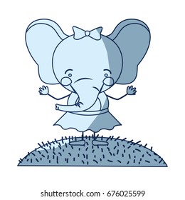 blue color shading silhouette scene sky landscape and grass with caricature cute expression female elephant in skirt with bow lace vector illustration