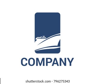 blue color ship for global travel sail over ocean flat design style logo illustration