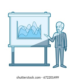 blue color silhouette shading of businessman bearded in formal suit making presentation vector illustration