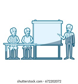 blue color silhouette shading with couple of man sitting in a desk for executive orator in presentacion business people vector illustration