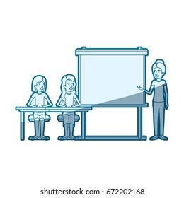 blue color silhouette shading with couple of women sitting in a desk for female executive in presentacion business people vector illustration