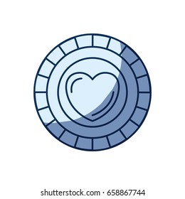 blue color silhouette shading of front view coin with heart symbol inside vector illustration