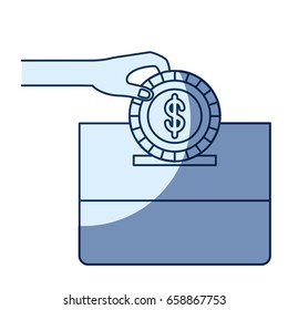 blue color silhouette shading of front view hand with flat coin with dollar symbol depositing in a carton box vector illustration