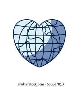 blue color silhouette shading of front view globe earth world in heart shape vector illustration