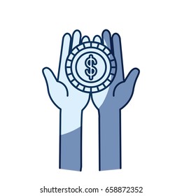 blue color silhouette shading of front view hands holding in palms a coin with dollar symbol vector illustration