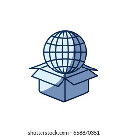 blue color silhouette shading of globe earth world chart coming out of cardboard box vector illustration