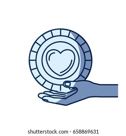 blue color silhouette shading of hand palm giving a coin with heart shape inside charity symbol vector illustration