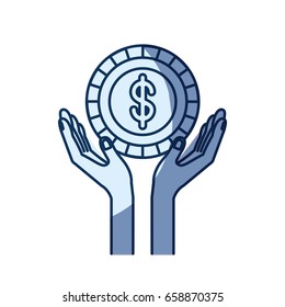 blue color silhouette shading of hands with floating coin with dollar symbol inside vector illustration
