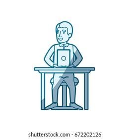blue color silhouette shading of man with formal suit and side parted hair and sitting in chair in desk in tablet vector illustration