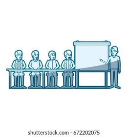 blue color silhouette shading with men group sitting in a desk for executive male in presentacion business people vector illustration