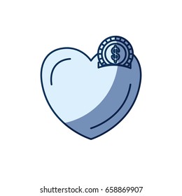 blue color silhouette shading of money box in heart shape with coin with dollar symbol vector illustration
