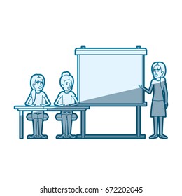 blue color silhouette shading with pair of women sitting in a desk for female executive orator in presentacion business people vector illustration